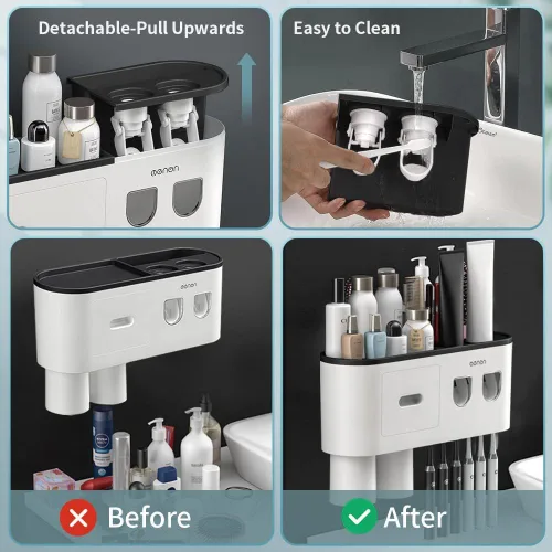 Vista 6 de Soportes para cepillos de dientes montados en la pared, soporte para cepillos de dientes con dispensadores automáticos de pasta de dientes, 6