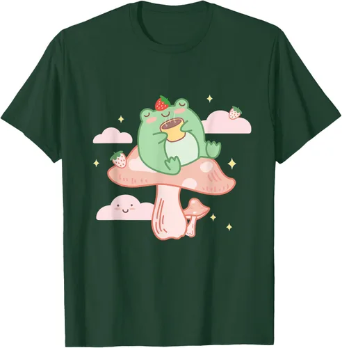 Vista 57 de Kawaii Strawberry Frog On Mushroom - Camiseta de manga corta de anime, Azul / Patchwork, S Azul Pastel