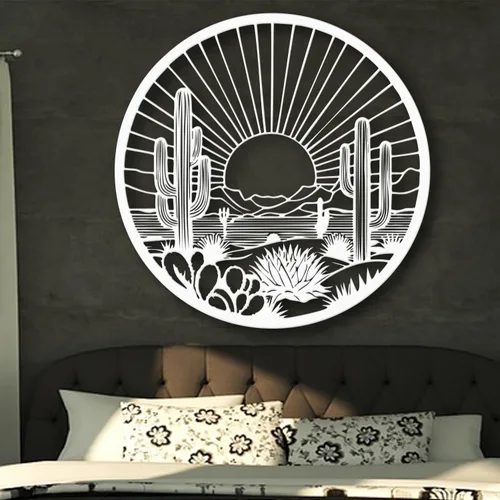 Vista 10 de Arte de pared de metal de cactus del desierto, decoración de pared redonda del desierto con diseño de cactus y puesta de sol, arte de pared de metal