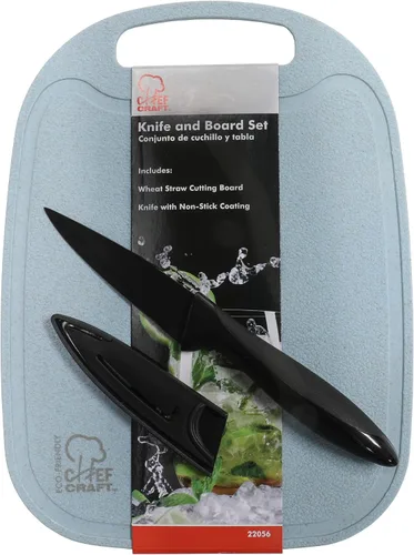 Vista 2 de Chef Craft Select Juego de tabla de cortar y cuchillos de paja de trigo, 10 x 7.5 pulgadas, azul