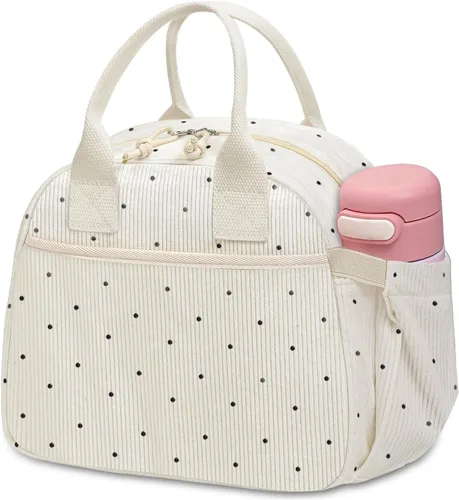 Vista 15 de Carry bloom Lonchera para mujer, lonchera aislada, bonita lonchera de pana reutilizable para el trabajo (1 rayas blancas y negras)