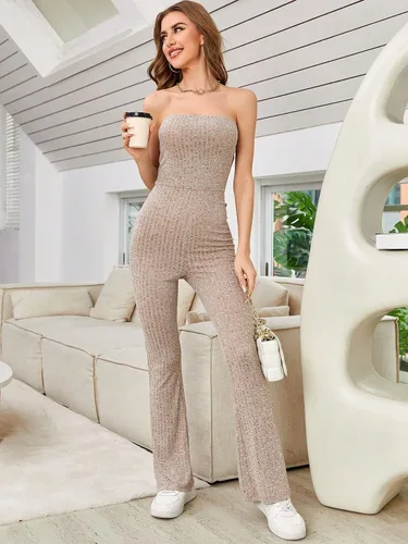 Vista 5 de WDIRARA Mono largo acanalado sin tirantes para mujer, con pierna acampanada, informal, para verano