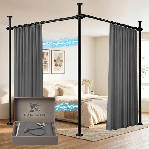 Vista 9 de Juego de cortinas divisoras de habitación, sin taladro, con barra retráctil, sin herramientas, para dormitorio, color beige, 100 pulgadas de ancho x