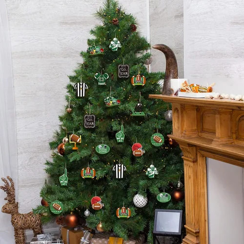 Vista 8 de Yulejo 24 adornos colgantes de madera de fútbol para árbol de Navidad, adorno de madera recortado de fútbol, decoración de manualidades, recuerdos