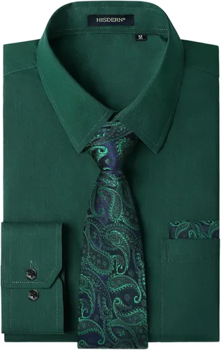 Vista 84 de HISDERN Mens Dress Shirt with Tie Pocket Square Set Classic Button Down Shirt Matching Tie Long Sleeve Shirts 08-verde