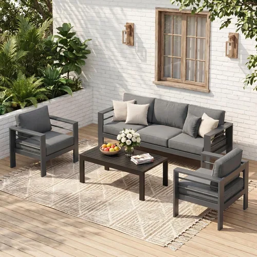 Vista 14 de Solaste Sofá de aluminio para patio con mesa auxiliar, juego de 3 muebles de patio con cojines, sofá de exterior para todo tipo de clima