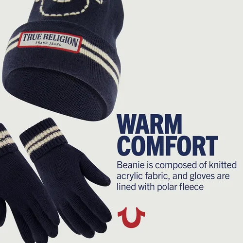 Vista 3 de True Religion Beanie Hat and Gloves Set, Cuffed Winter Knit Cap with Stitched Yarn Horseshoe Logo and Fleece Lined Mittens
