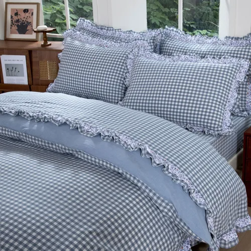 Vista 11 de FADFAY Twin 100% Washed Cotton Black & White Gingham Ruffle Duvet Cover Set Soft, Breathable, Crisp, Hidden Zipper Closure, 8 Corner Ties