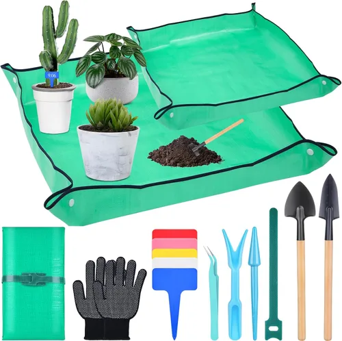 Vista 10 de Tapete de trasplante de plantas para jardín, 2 piezas, impermeable, plegable, para interiores, portátil, cuadrada, bandeja para macetas con 6 piezas