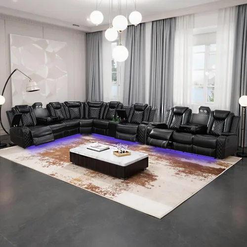 Vista 21 de Juego de sofá modular reclinable eléctrico con luz LED, juego de sofá modular reclinable de cuero, incluye sillón reclinable individual, juego