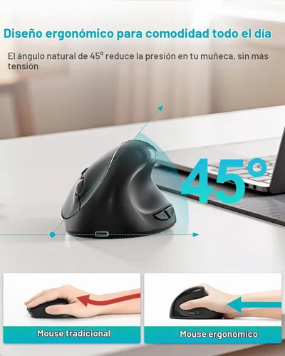 Vista 3 de Lekvey Ratón ergonómico, mouse inalámbrico vertical para manos pequeñas/medianas, recargable con receptor USB, 3 DPI para mayor comodidad, alivia