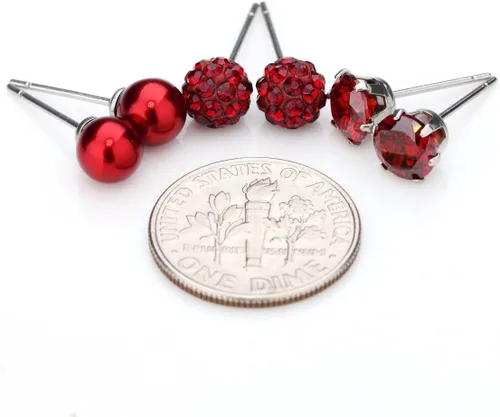 Vista 25 de JewelrieShop - Juego de aretes de tuerca de acero inoxidable con circonitas cúbicas y perlas de imitación, 3 pares de 0.236 in