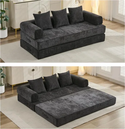 Vista 9 de Sofá de compresión, sofá cama convertible, sofá modular con almohada, cómodo sofá de tela de felpilla con espuma viscoelástica, sofá de piso