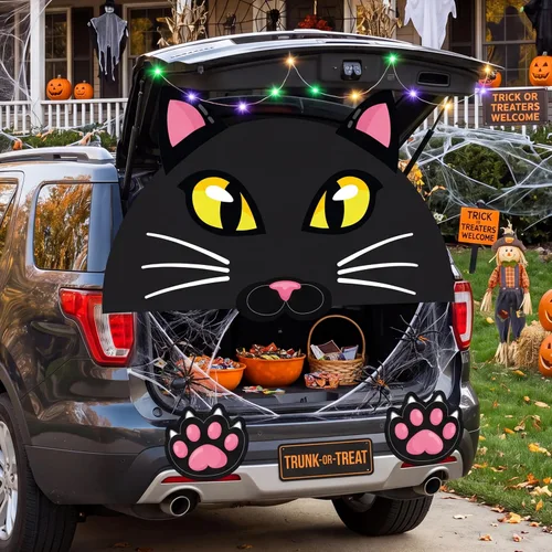 Vista 6 de JOYIN Kit de decoración de Halloween para maletero o golosinas, lindas calcomanías de gato de Halloween, decoraciones negras para SUV, puerta