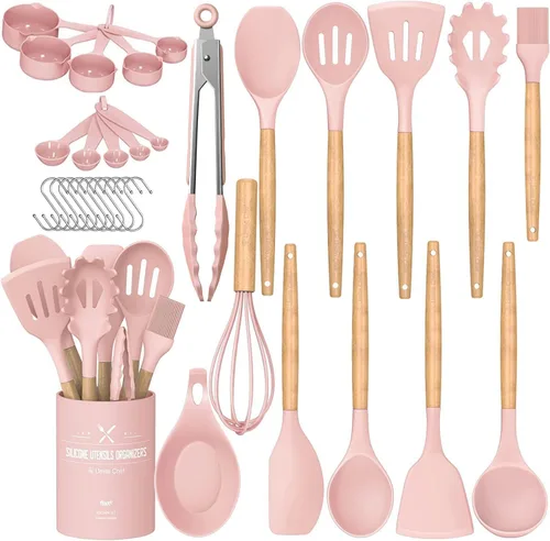 Vista 11 de Umite Chef Juego de utensilios de cocina de cocina, 33 piezas de espátula de cocina de silicona antiadherente con soporte, mango de madera, juego