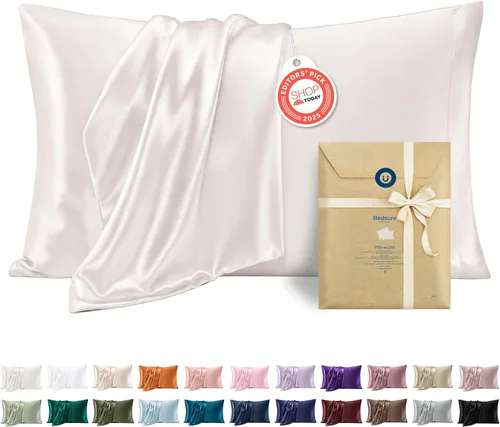 Vista 40 de Bedsure Paquete de 2 fundas de almohada de satén similares a las fundas de almohada de seda tamaño estándar, funda de almohada para mujeres que