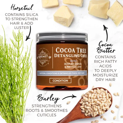 Vista 4 de Qhemet Biologics L.O.C. Method Collection para cabello de alta porosidad, incluye ghee desenredante de árbol de cacao, suero suavizante de ricino