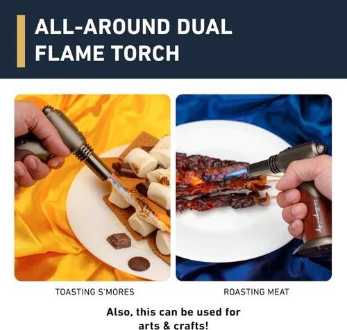 Vista 3 de Antorcha de Butano de Doble Llama - Soplete de Mano Recargable para Cocinar, Soldar y Arte de Resina con Llama Ajustable y Bloqueo de Encendido