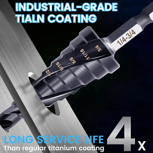 Vista 3 de Hakkin M35 Cobalt Unibit - Broca escalonada para metal de 1/4 a 3/4 pulgadas, con revestimiento de titanio, juego de tres brocas en espiral y punzón