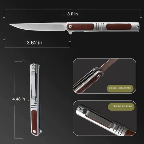 Vista 6 de Cuchillo de bolsillo para hombres, cuchillo plegable con clip, con hoja de acero D2, cierre de seguridad, cuchillo afilado para supervivencia