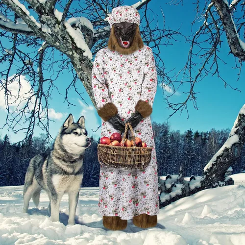 Vista 4 de Bonuci Disfraz de Halloween de lobo de abuelita para adultos, traje de cosplay con sombrero, máscara de cabeza de lobo, guantes de lobo