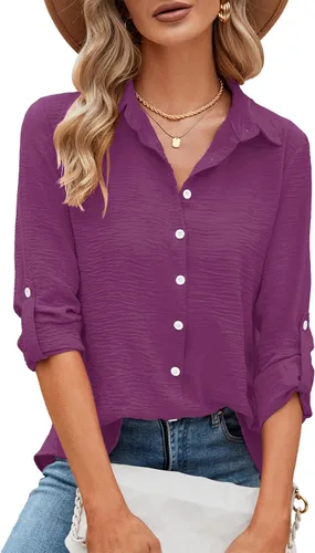 Vista 20 de Odosalii - Camisas con botones para mujer, con cuello en V, manga larga, enrolladas, blusas elegantes y formales para negocios y ocasiones casuales