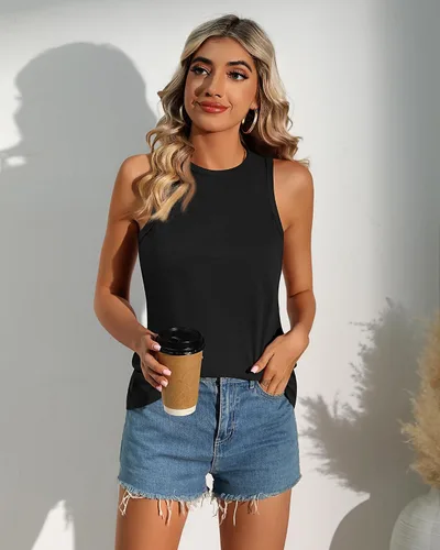 Vista 7 de Riyiper Paquete de 2 camisetas sin mangas para mujer, con espalda cruzada, estilo casual, básicas, holgadas, cuello redondo, camisetas sin mangas
