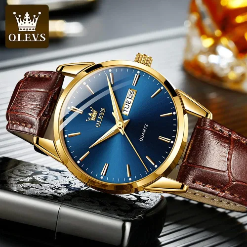 Vista 7 de OLEVS Tienda Watches, reloj de cuero marrón para hombre, reloj de fecha para hombre, reloj luminoso para hombre, reloj de vestir para hombre, reloj