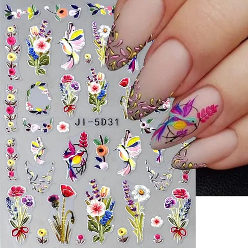 Vista 6 de Calcomanías de uñas bronceadas en relieve 5D, 3 hojas de flores de primavera, hierba, pájaro, calcomanías de arte de uñas, accesorios de uñas
