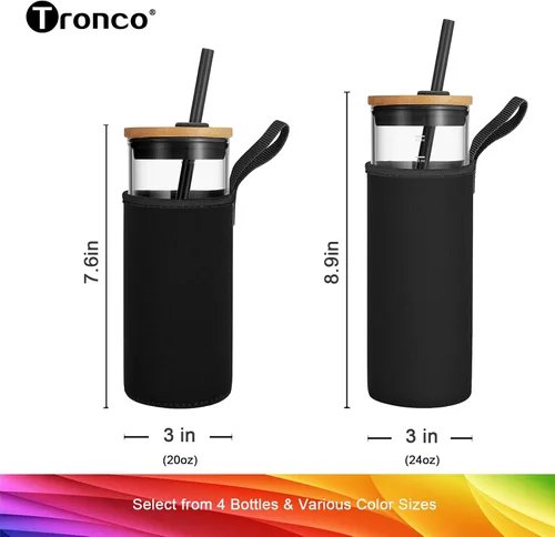 Vista 3 de Tronco Vaso de vidrio de 20 onzas con popote y tapa de bambú, fundas protectoras de nailon para botellas, elegante taza de batido, boca ancha