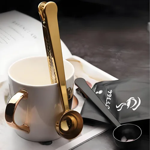 Vista 4 de Cucharas medidoras de café para café molido de acero inoxidable, 1 cucharada con clip para bolsa para café y té, juego de 2 (2 unidades, negro)