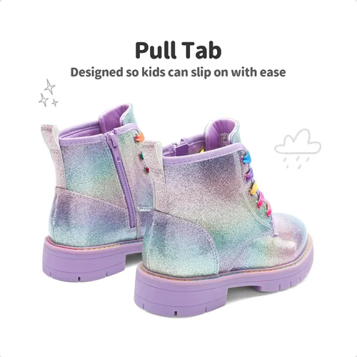Vista 5 de DREAM PAIRS Botas de tobillo con purpurina para niñas y niños, zapatos de combate con cremallera lateral con cordones (bebéniño pequeñoniño grande)