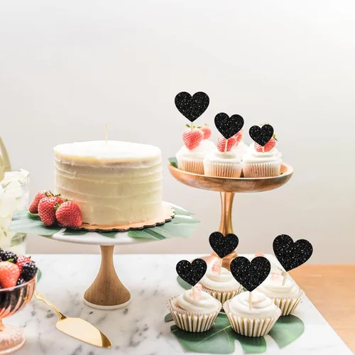 Vista 9 de Gyufise 30 adornos de corazón para cupcakes con purpurina de tamaño mixto con temática de dulce amor, decoración de pastel de corazón, boda Negro