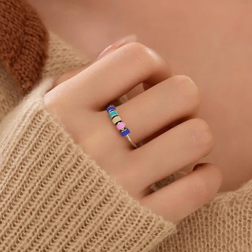 Vista 2 de LOVECOM Anillo giratorio de plata de ley 925 con cuentas esmaltadas coloridas para mujer, anillo giratorio antiansiedad, giratorio, apilable