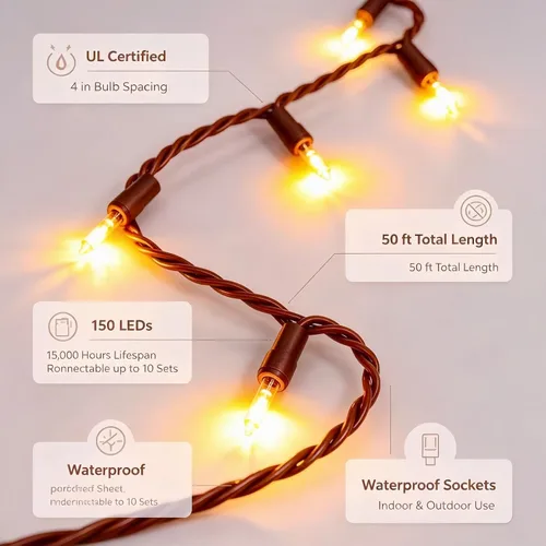 Vista 4 de LUCKY SHINE 150 luces LED de Navidad de color blanco cálido, cadena de iluminación decorativa de grado comercial, cable marrón, 50 pies