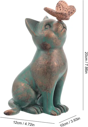Vista 3 de SOLUSTRE Figuras en miniatura Estatua de gato de jardín, mariposa pegada en la nariz de gato, escultura conmemorativa de gato, figura conmemorativa