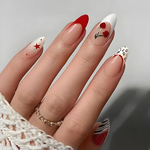 Vista 33 de Uñas postizas de almendra medianas MABKJLF con punta francesa, uñas falsas 3D con diseños de pedrería de flores de fresa, uñas pegajosas brillantes 1