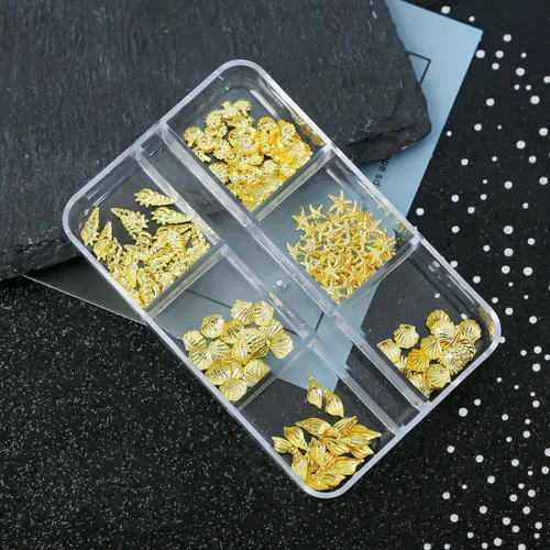 Vista 4 de COOSLIM 2 cajas de aretes de acero para verano, perlas de metal, gemas para uñas, conchas doradas, estrellas de mar, aleación de caballito de mar