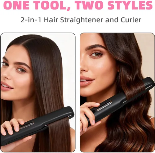 Vista 2 de Gosect Plancha de pelo inalámbrica, mini plancha plana de viaje recargable para mujeres, alisador y rizador de pelo portátil 2 en 1, calentamiento