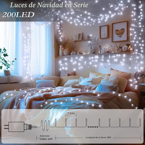 Vista 2 de Luces de Árbol de Navidad LED de 66 pies con 200 LED, Luces Navideñas Exteriores Blanco Frío Brillante para Casa, Luces de Hadas con 8 Modos