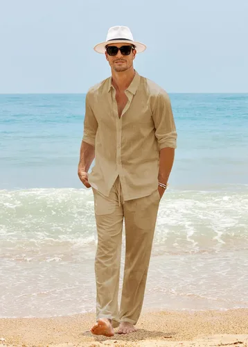 Vista 2 de Ryannology Men 2 Piece Linen Set Outfits Drawstring Long Pants Button Down Roll Up Sleeve Shirts Beach Wedding Suit Sets