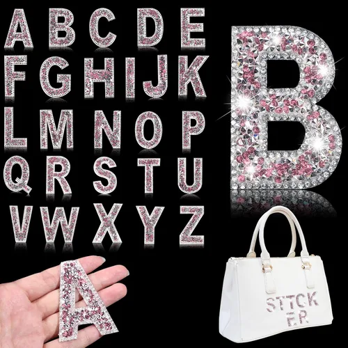 Vista 10 de Yinder 26 piezas de pegatinas de letras con purpurina y diamantes de imitación, diamantes de imitación para planchar, letras autoadhesivas A-Z Negro