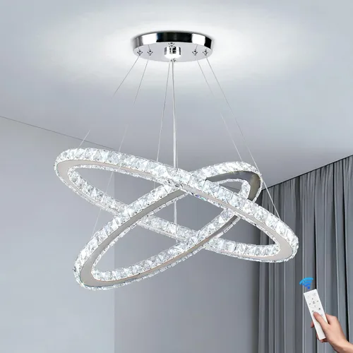 Vista 12 de Candelabro LED de cristal con iluminación regulable LED moderna lámpara de techo de 3 anillos ajustable de acero inoxidable para dormitorios y sala