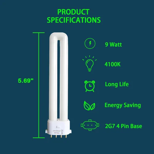 Vista 2 de Bombilla fluorescente con base 2G7 de 9 vatios, repuesto para Satco S8365, 6416, bombilla Coleman, Kandolite 96500, Rayovac F9w-1, CF9DS/E/841, base