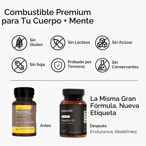 Vista 3 de ENDUR PepZinGI Zinc Carnosine 75mg, tabletas masticables, 60 tabletas PepZinGI® patentado, 59 mg de L-carnosina, 16 mg de zinc, comodidad gástrica