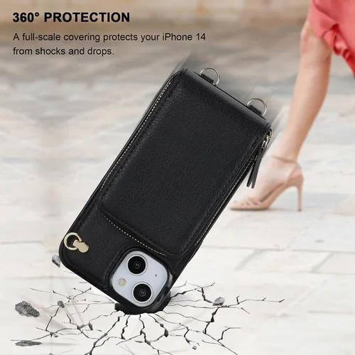 Vista 8 de KIHUWEY - Funda tipo cartera cruzada para iPhone 14/13, color negro Funda protectora duradera de piel sintética, bloqueo RFID con bolsillo