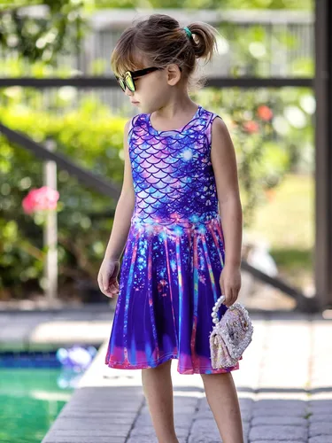 Vista 2 de Funnycokid - Vestido sin mangas informal estampado de fiesta para niñas de 4 a 13 años