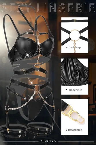 Vista 3 de ADSEXY Conjunto de lencería sexy de cuero con tiras de 5 piezas con aros y brasier push up, liguero, cadena, club nocturno, fiesta