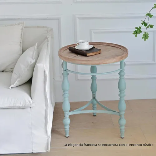 Vista 5 de Mesa auxiliar redonda rústica de granja, mesa auxiliar vintage de campo francés, φ20.1 x 23.6 pulgadas de alto, madera maciza rústica con patas