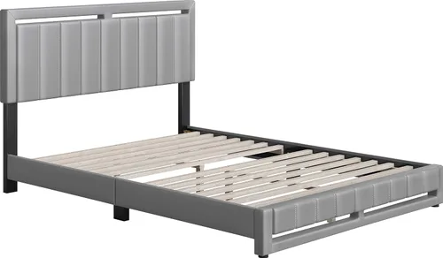 Vista 3 de Boyd Sleep Beaumont - Cama de plataforma tapizada con cabecero, base de colchón con 14 soportes de listones de madera, no requiere somier, piel Gris